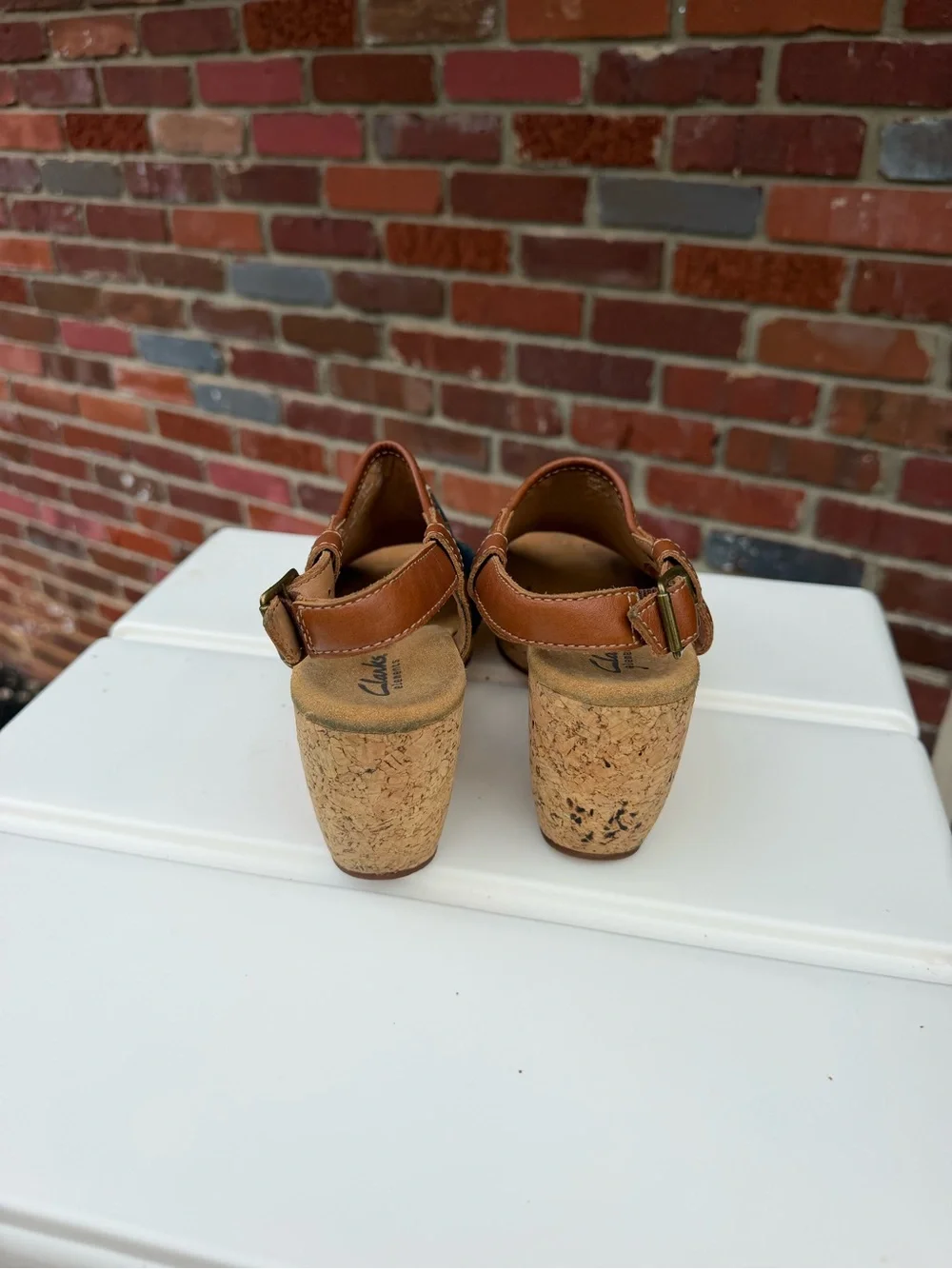 Clarks Denim and Brown Leather Open-Toe Wedge Sandals
